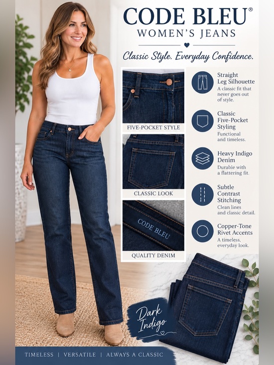 Code Bleu Denim - Code Bleu Women's Straight Leg Jeans in Dark Indigo
